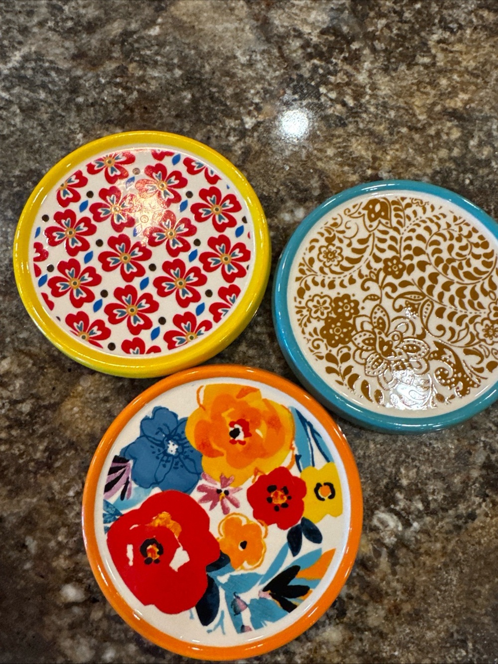 The Pioneer Woman Coaster Set Of 3 Ceramic Cork Bottom Summer Floral EUC